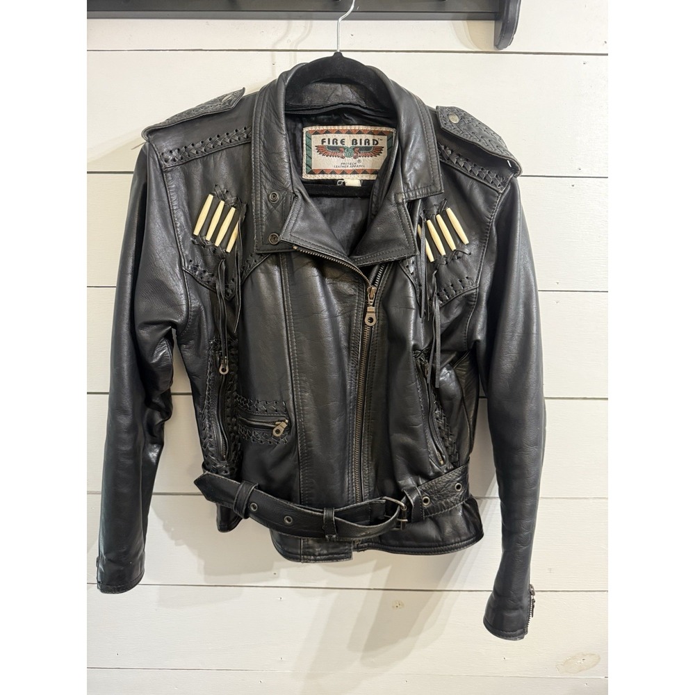 Vintage Fire Bird Black Leather Fringed Beaded Motorcycle Zip Jacket Size 6